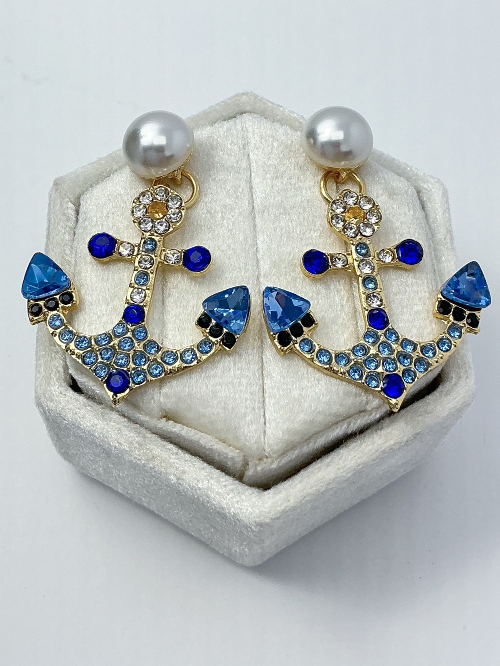 Blue Crystal Anchor Earrings | Pearl Nautical Coastal Statement Earrings